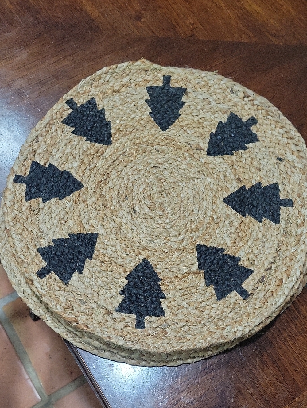 Handwoven Natural Jute Round Placemat with Black Tree Motif